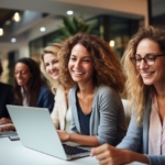 Workers Working Together in Office Using Laptop, Generative Ai